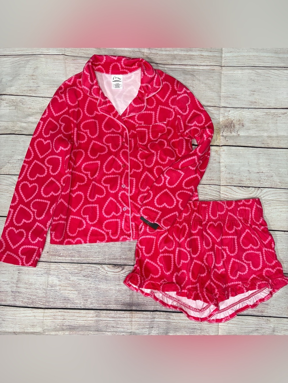 Girls' Red Heart-Print Pajama Set - Long Sleeve Top & Shorts